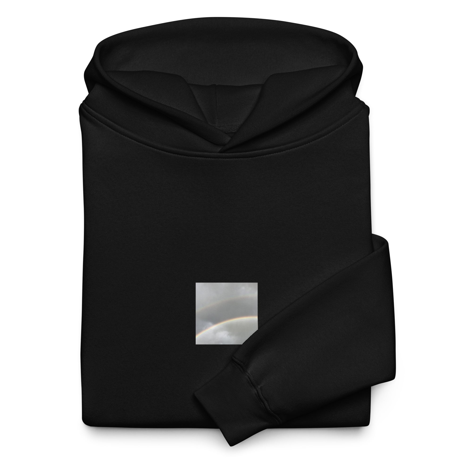 Minimalist streetwear style oversized hoodie in black featuring the 'Double Rainbow' photo art on the front. / モードストリート系オーバーサイズフーディー（ブラック）フロントに「ダブルレインボー」のフォトアートを配したデザイン。