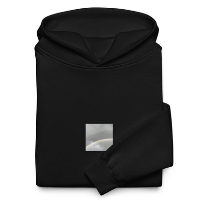 Minimalist streetwear style oversized hoodie in black featuring the 'Double Rainbow' photo art on the front. / モードストリート系オーバーサイズフーディー（ブラック）フロントに「ダブルレインボー」のフォトアートを配したデザイン。