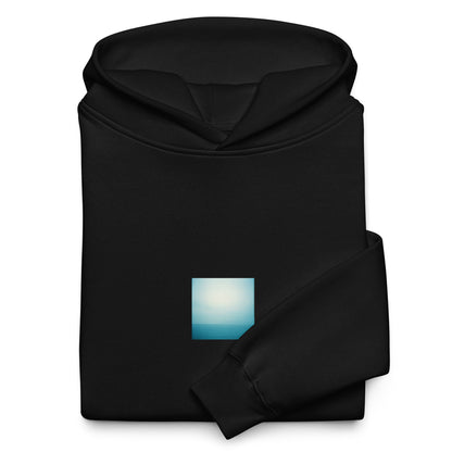 Minimalist streetwear style oversized hoodie in black featuring the 'Ocean Horizon' photo art on the front. / モードストリート系オーバーサイズフーディー（ブラック）フロントに「海の水平線」のフォトアートを配したデザイン。