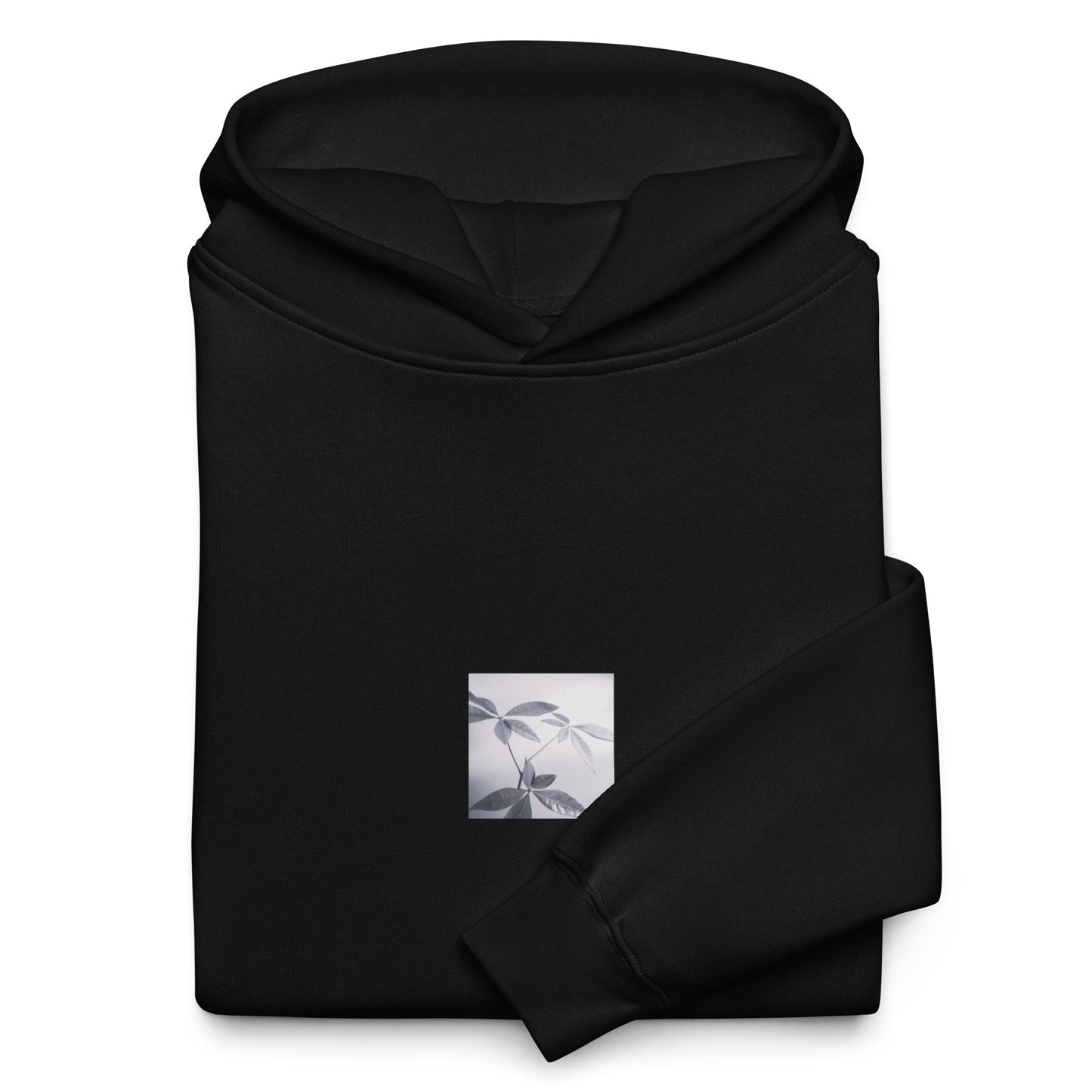 Minimalist streetwear style oversized hoodie in black featuring the 'Botanical (B&W)' photo art on the front. / モードストリート系オーバーサイズフーディー（ブラック）フロントに「ボタニカル (モノクロ)」のフォトアートを配したデザイン。