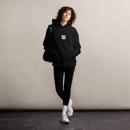 Minimalist streetwear style oversized hoodie in black featuring the 'Double Rainbow (B&W)' photo art on the front. / モードストリート系オーバーサイズフーディー（ブラック）フロントに「ダブルレインボー (モノクロ)」のフォトアートを配したデザイン。