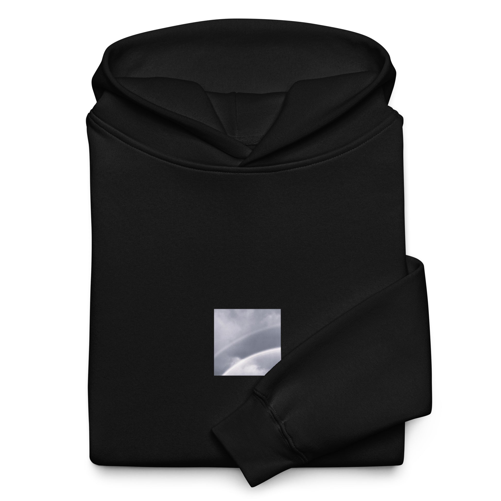 Minimalist streetwear style oversized hoodie in black featuring the 'Double Rainbow (B&W)' photo art on the front. / モードストリート系オーバーサイズフーディー（ブラック）フロントに「ダブルレインボー (モノクロ)」のフォトアートを配したデザイン。