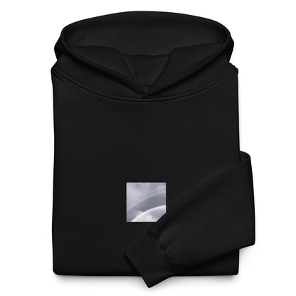 Minimalist streetwear style oversized hoodie in black featuring the 'Double Rainbow (B&W)' photo art on the front. / モードストリート系オーバーサイズフーディー（ブラック）フロントに「ダブルレインボー (モノクロ)」のフォトアートを配したデザイン。