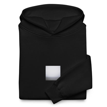 Minimalist streetwear style oversized hoodie in black featuring the 'Ocean Horizon (B&W)' photo art on the front. / モードストリート系オーバーサイズフーディー（ブラック）フロントに「オーシャンホライズン (モノクロ)」のフォトアートを配したデザイン。