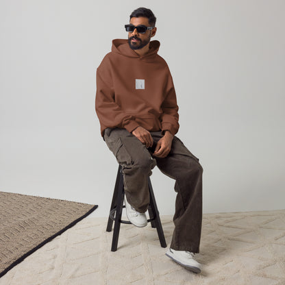 Minimalist mode style unisex oversized premium chestnut hoodie with a 'Foxtail Grass' black and white botanical art print on the front / モードストリート系ユニセックス・プレミアムオーバーサイズパーカー（チェスナット）、フロントに「フォックステールグラス」のモノクロボタニカルアートプリント