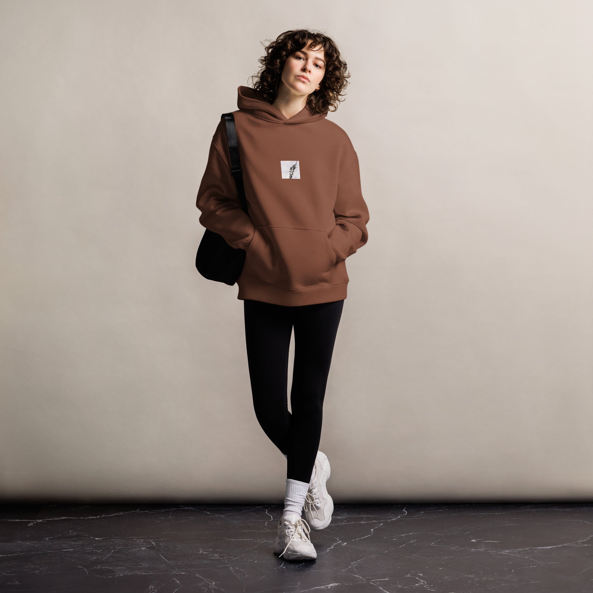 Minimalist mode style unisex premium chestnut oversized hoodie with a 'Vines Entangled on a Utility Pole' black and white photo print / モードストリート系ユニセックス・プレミアム・オーバーサイズパーカー（チェスナット）、フロントに「電柱に絡まるツル」のモノクロ写真プリント（パーカー）