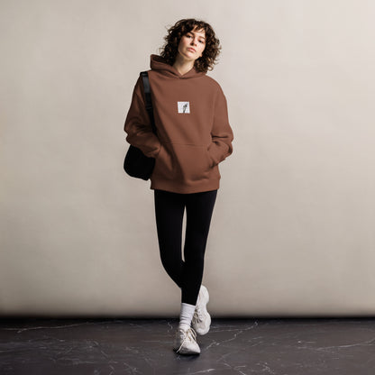 Minimalist mode style unisex premium chestnut oversized hoodie with a 'Vines Entangled on a Utility Pole' black and white photo print / モードストリート系ユニセックス・プレミアム・オーバーサイズパーカー（チェスナット）、フロントに「電柱に絡まるツル」のモノクロ写真プリント（パーカー）