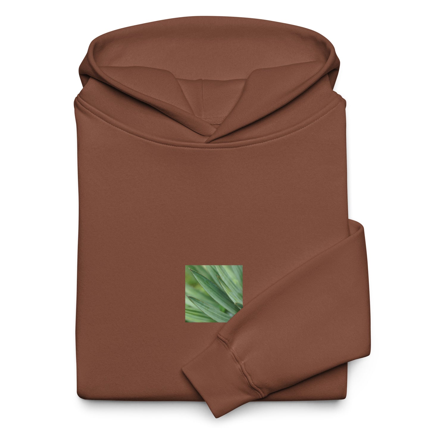 Minimalist streetwear style unisex oversized hoodie in chestnut, featuring a vibrant Yucca plant color photograph on the chest. An earthy, modern look with a relaxed, premium fleece finish. / モードストリート系ユニセックス・チェスナットカラー・オーバーサイズフーディー。フロントにユッカ植物のカラー写真プリント。落ち着いた色味のミニマリスト・ストリートウェア。