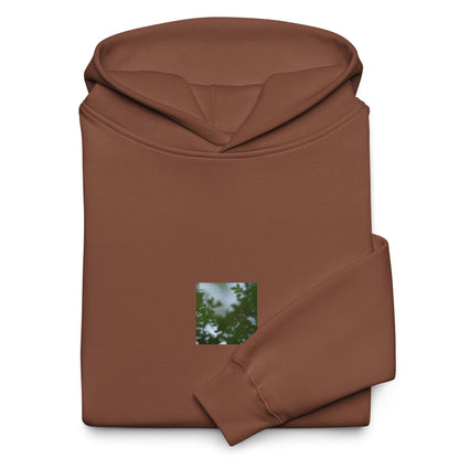 Minimalist streetwear style unisex oversized hoodie in chestnut, featuring a 'Tree Branches' botanical print on the chest. / Tree Branches オーバーサイズ・フーディー（チェスナット）：落ち着いたブラウンの色味にボタニカルな枝が映える、モダンでミニマルなモードストリート系プルオーバー。
