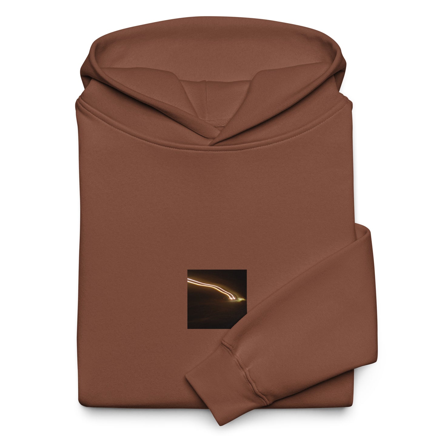 Minimalist streetwear style unisex oversized hoodie in chestnut, featuring a 'Night Car Lights' photograph print on the chest. / Night Car Lights オーバーサイズ・フーディー（チェスナット）：落ち着いたブラウンに都会の夜景写真が映える、モダンでミニマルなモードストリート系パーカー。