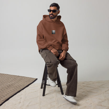Minimalist streetwear style unisex oversized hoodie in chestnut with 'Beach Footprints (B&W)' photo art. / フロントに「砂浜の足跡（モノクロ）」のフォトアートを配した、モードストリート系オーバーサイズフーディー（チェスナット）。