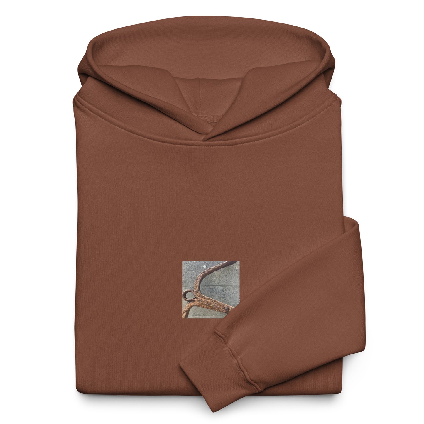 Minimalist streetwear style oversized hoodie in chestnut featuring the 'Anchor' photo art on the front. / モードストリート系オーバーサイズフーディー（チェスナット）フロントに「アンカー（錨）」のフォトアートを配したデザイン。