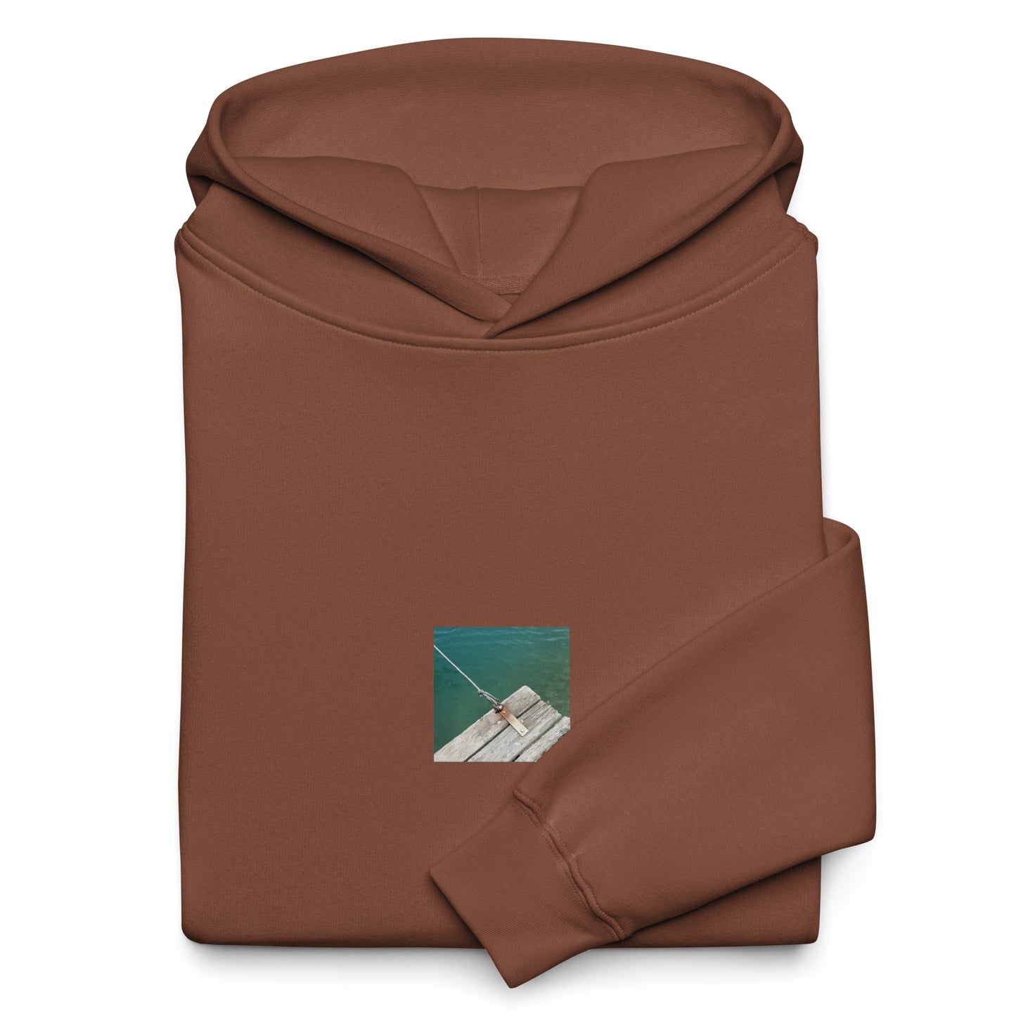 Minimalist streetwear style oversized hoodie in chestnut featuring the 'Sea, Pier and Rope' photo art on the front. / モードストリート系オーバーサイズフーディー（チェスナット）フロントに「海、桟橋、ロープ」のフォトアートを配したデザイン。
