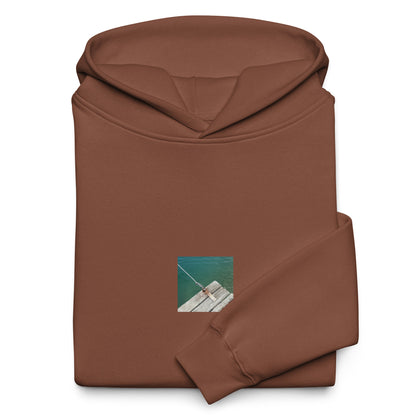 Minimalist streetwear style oversized hoodie in chestnut featuring the 'Sea, Pier and Rope' photo art on the front. / モードストリート系オーバーサイズフーディー（チェスナット）フロントに「海、桟橋、ロープ」のフォトアートを配したデザイン。
