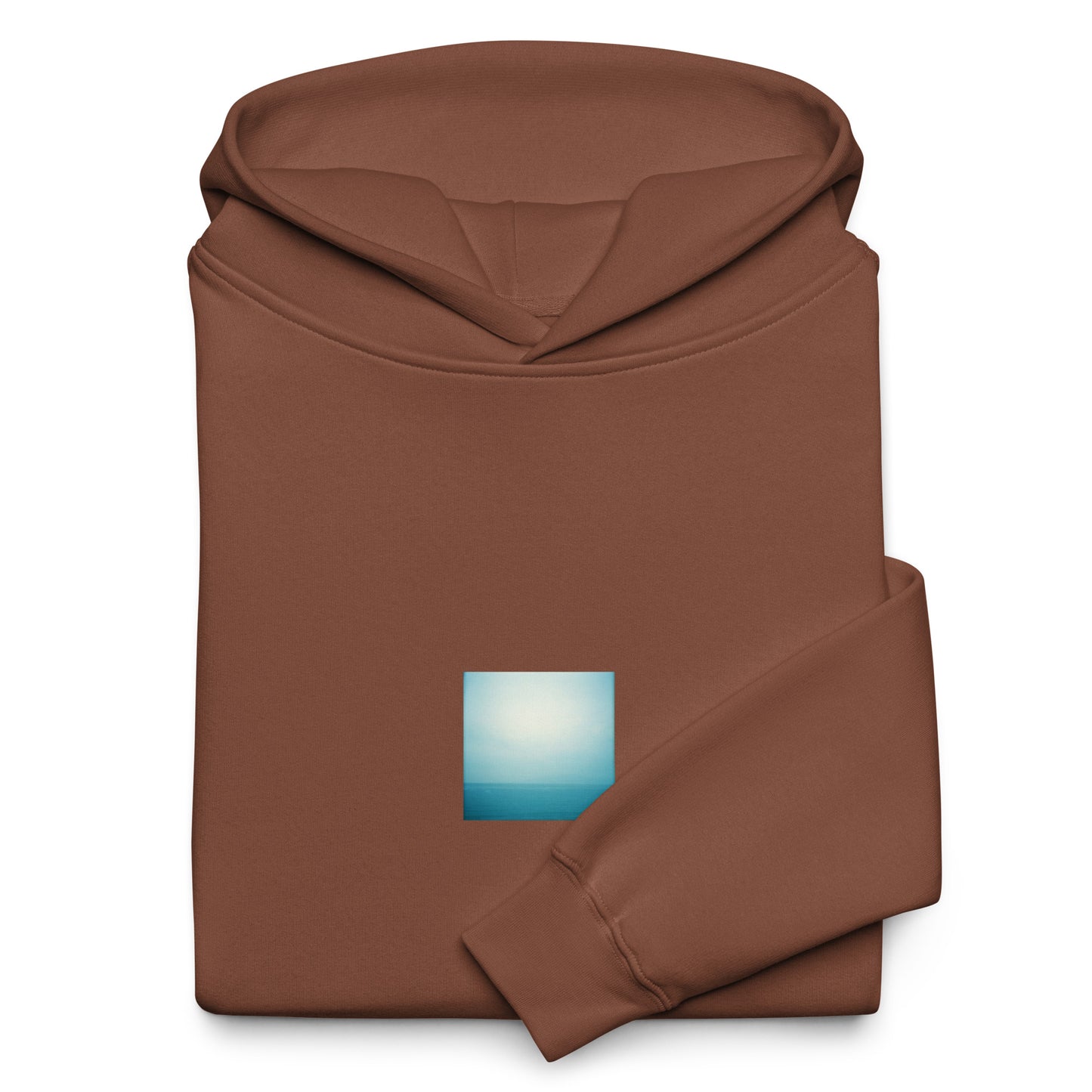 Minimalist streetwear style oversized hoodie in chestnut featuring the 'Ocean Horizon' photo art on the front. / モードストリート系オーバーサイズフーディー（チェスナット）フロントに「海の水平線」のフォトアートを配したデザイン。