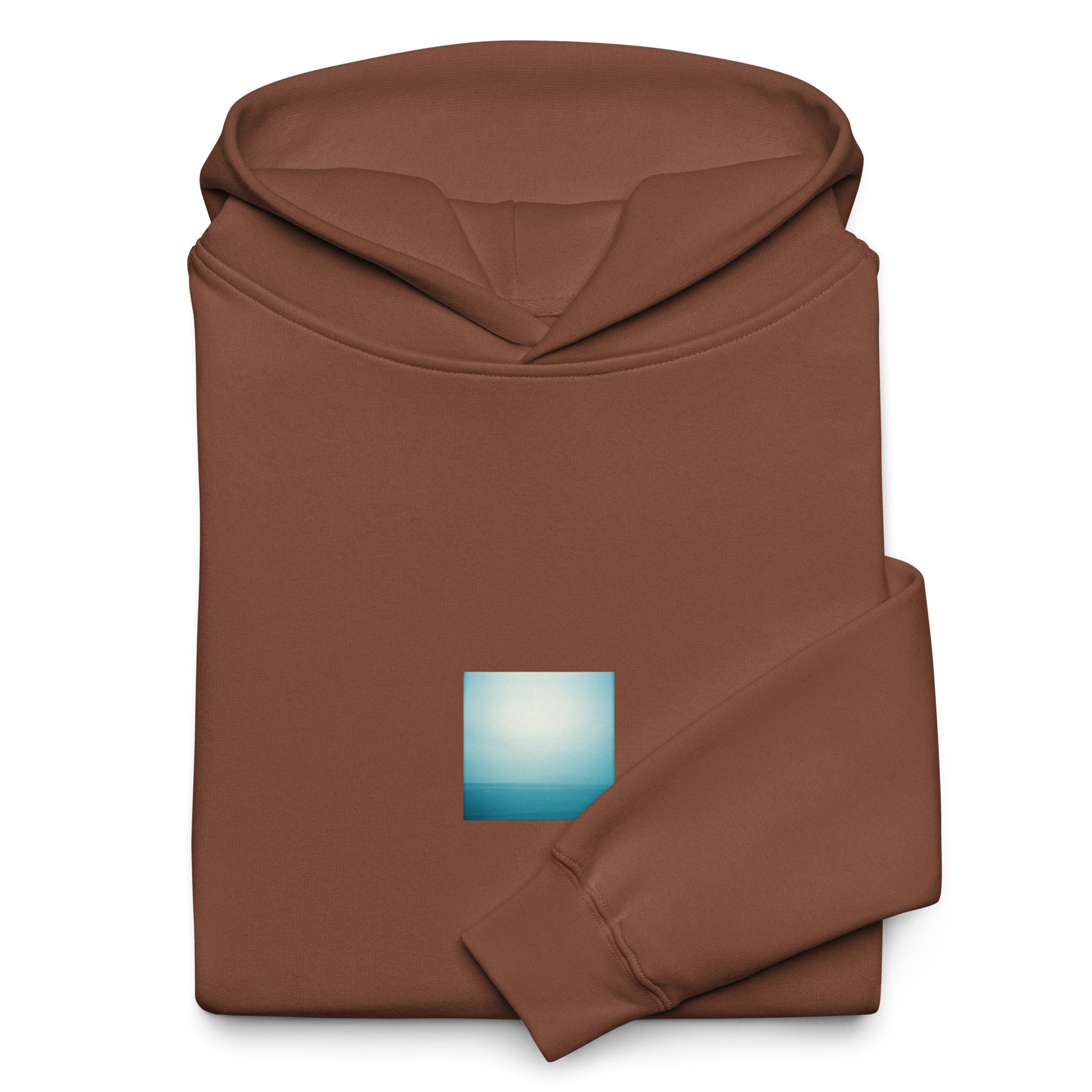 Minimalist streetwear style oversized hoodie in chestnut featuring the 'Ocean Horizon' photo art on the front. / モードストリート系オーバーサイズフーディー（チェスナット）フロントに「海の水平線」のフォトアートを配したデザイン。