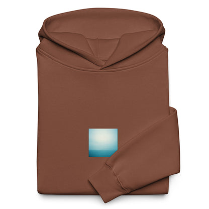 Minimalist streetwear style oversized hoodie in chestnut featuring the 'Ocean Horizon' photo art on the front. / モードストリート系オーバーサイズフーディー（チェスナット）フロントに「海の水平線」のフォトアートを配したデザイン。