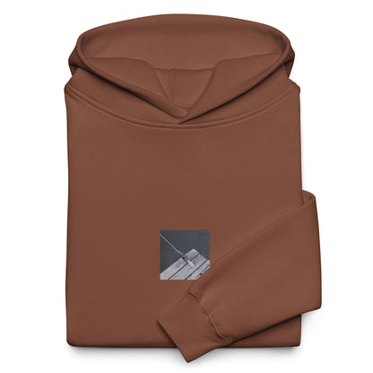 Minimalist streetwear style oversized hoodie in chestnut featuring the 'Ocean Pier (B&W)' photo art on the front. / モードストリート系オーバーサイズフーディー（チェスナット）フロントに「海の桟橋 (モノクロ)」のフォトアートを配したデザイン。