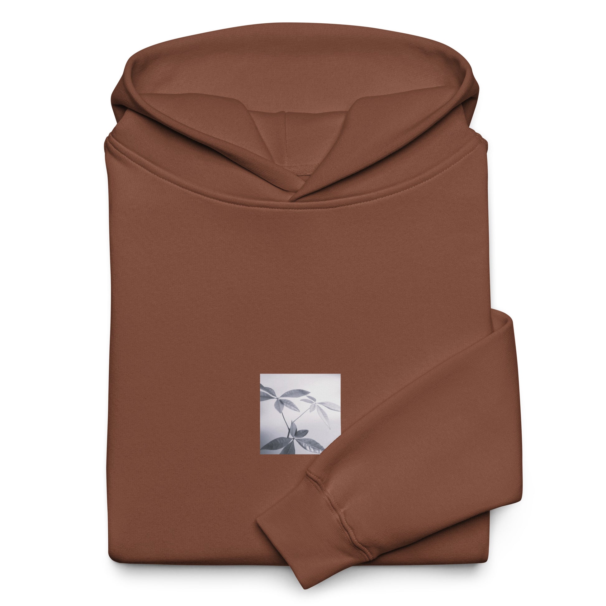 Minimalist streetwear style oversized hoodie in chestnut featuring the 'Botanical (B&W)' photo art on the front. / モードストリート系オーバーサイズフーディー（チェスナット）フロントに「ボタニカル (モノクロ)」のフォトアートを配したデザイン。