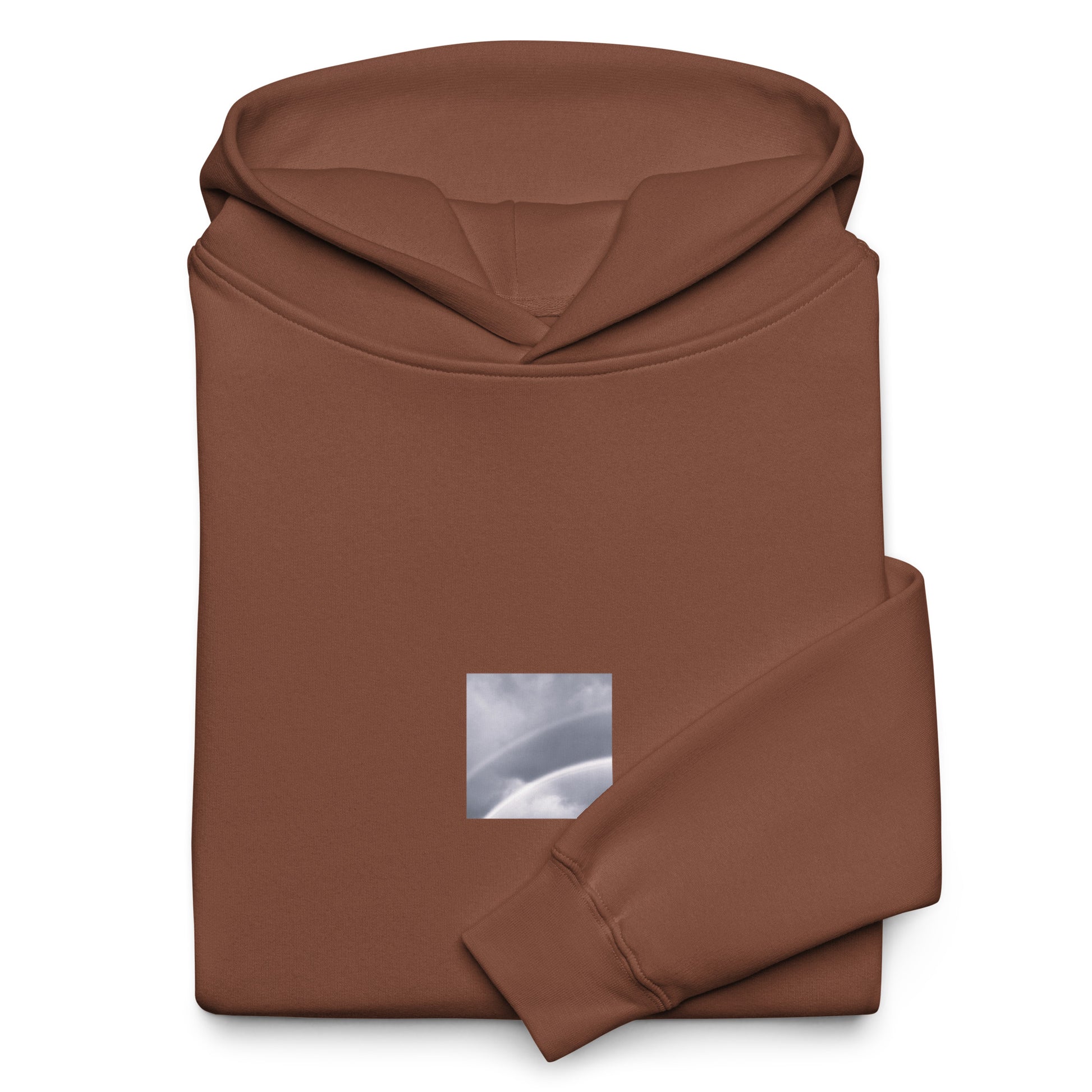 Minimalist streetwear style oversized hoodie in chestnut featuring the 'Double Rainbow (B&W)' photo art on the front. / モードストリート系オーバーサイズフーディー（チェスナット）フロントに「ダブルレインボー (モノクロ)」のフォトアートを配したデザイン。