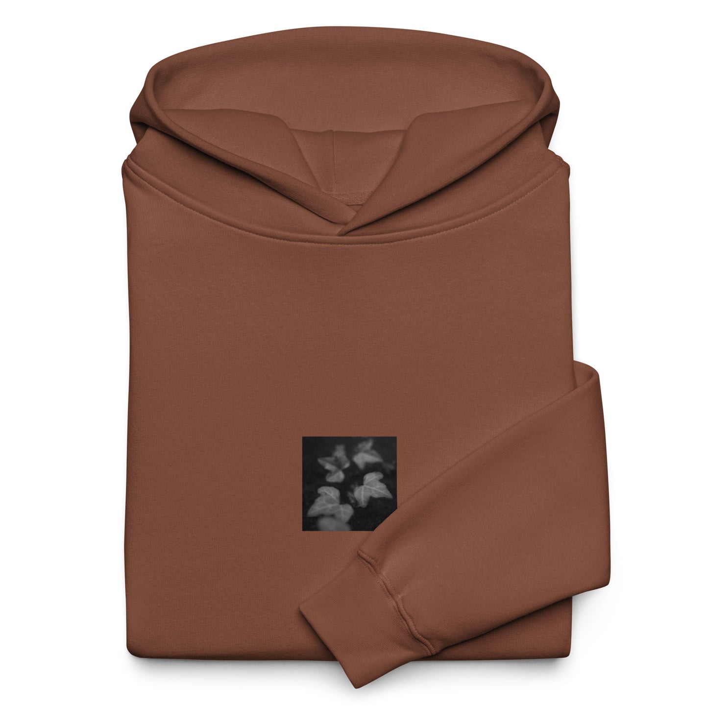 ivy B&W botanical art oversized hoodie in chestnut brown, front view
