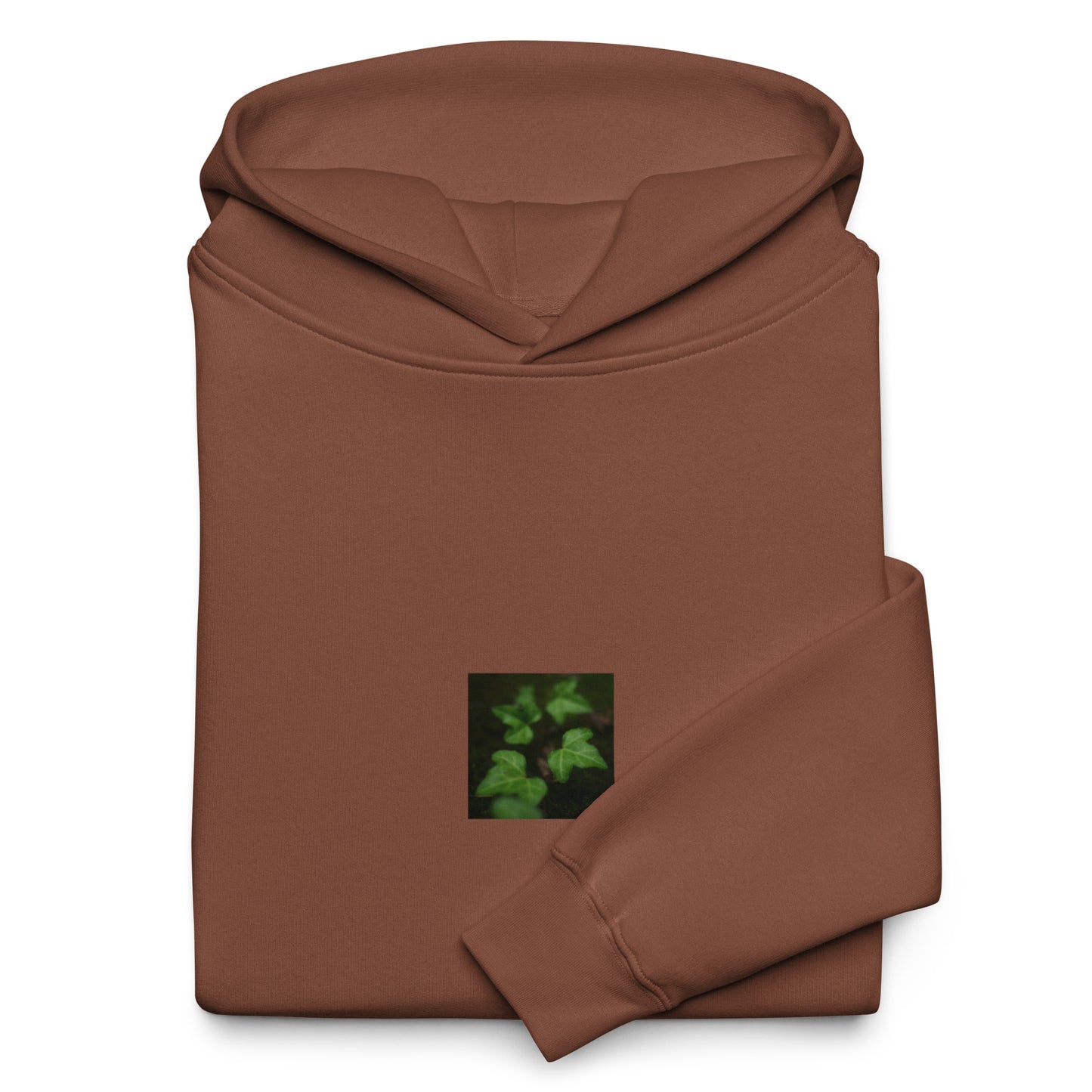 Minimalist streetwear style oversized hoodie in chestnut featuring the 'ivy' photo art on the front. / モードストリート系オーバーサイズフーディー（チェスナット）フロントに「アイビー」のフォトアートを配したデザイン。