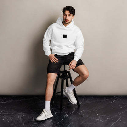 Minimalist streetwear style oversized hoodie in white, featuring the 'Ocean Sunbeams (B&W)' photograph. / 「Ocean Sunbeams (B&W)」オーバーサイズパーカー（ホワイト）：クリーンな白地にモノクロのデザインが際立つ、現代的なモードストリートスタイル。