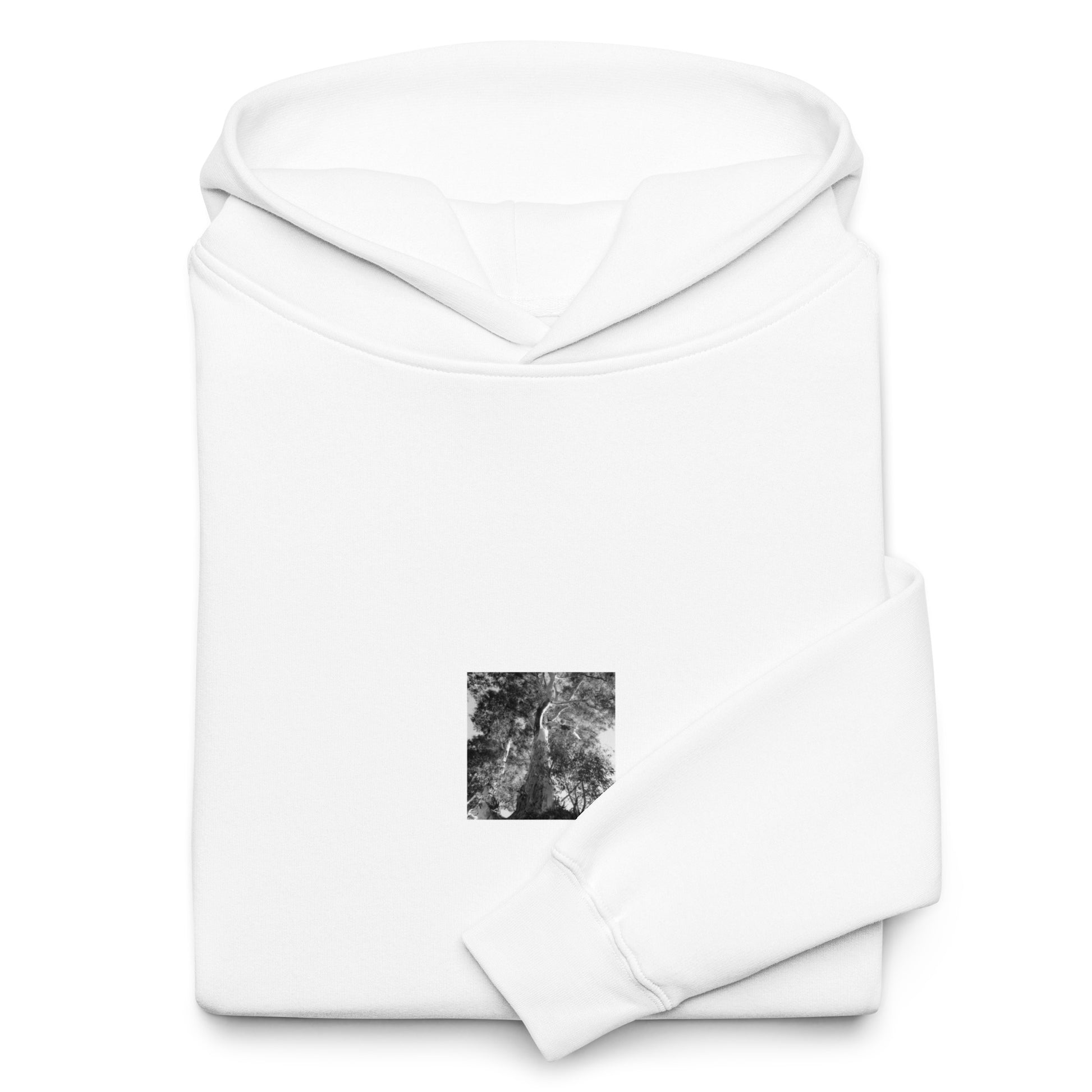 Minimalist streetwear style oversized hoodie in white featuring the 'Eucalyptus Tree (B&W)' photo art on the front. / モードストリート系オーバーサイズフーディー（ホワイト）フロントに「ユーカリの木（モノクロ）」のフォトアートを配したデザイン。