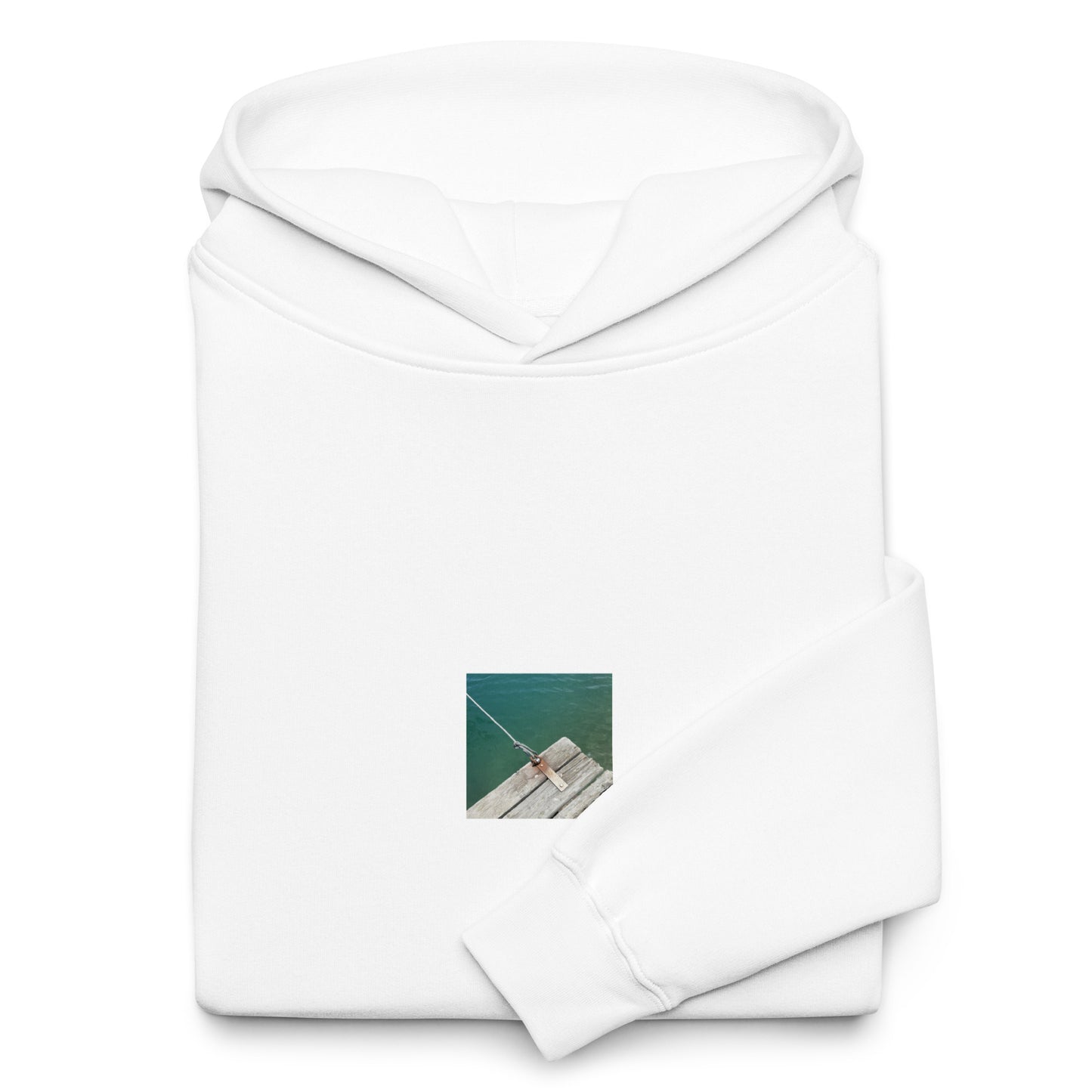 Minimalist streetwear style oversized hoodie in white featuring the 'Sea, Pier and Rope' photo art on the front. / モードストリート系オーバーサイズフーディー（ホワイト）フロントに「海、桟橋、ロープ」のフォトアートを配したデザイン。