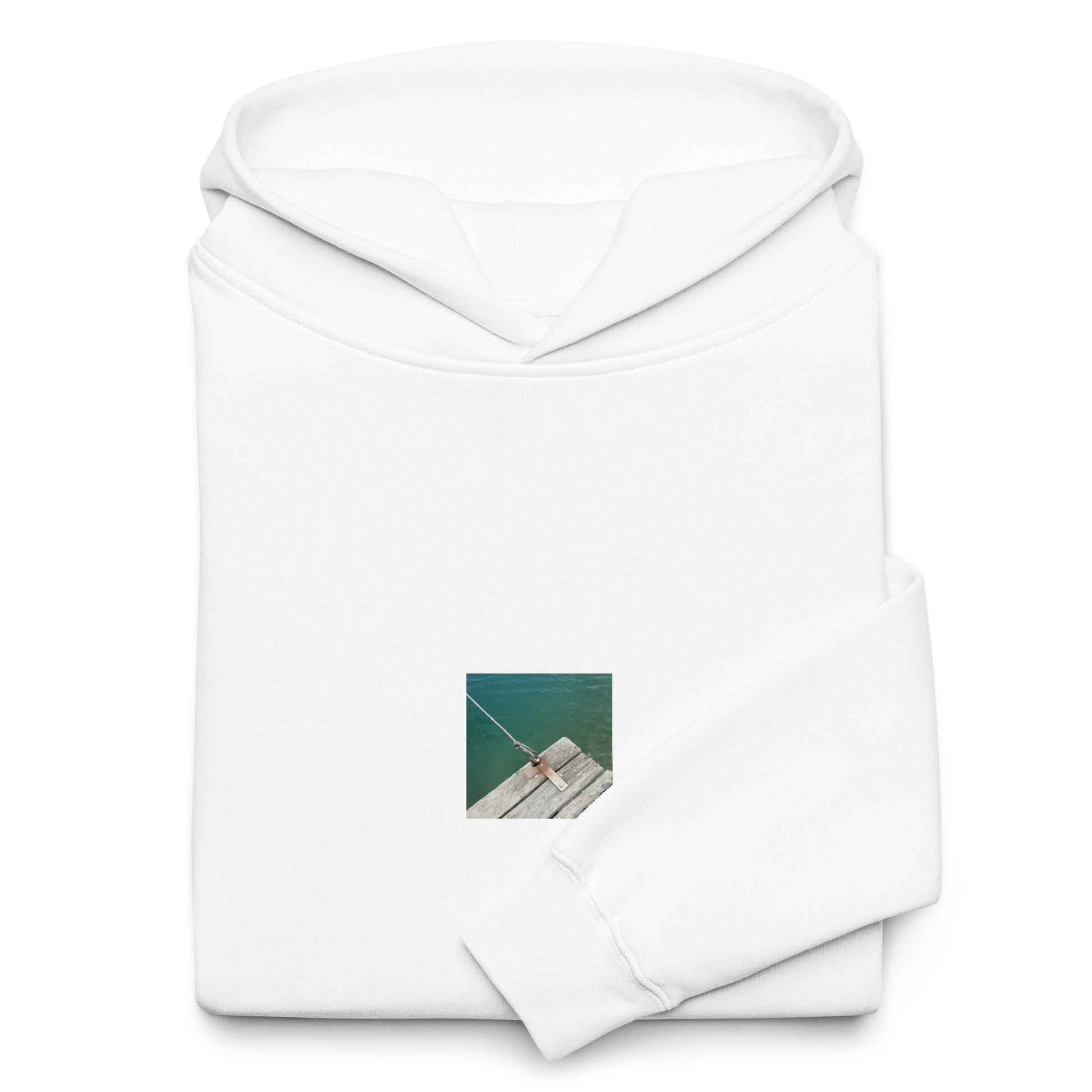Minimalist streetwear style oversized hoodie in white featuring the 'Sea, Pier and Rope' photo art on the front. / モードストリート系オーバーサイズフーディー（ホワイト）フロントに「海、桟橋、ロープ」のフォトアートを配したデザイン。