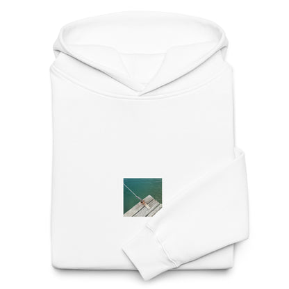 Minimalist streetwear style oversized hoodie in white featuring the 'Sea, Pier and Rope' photo art on the front. / モードストリート系オーバーサイズフーディー（ホワイト）フロントに「海、桟橋、ロープ」のフォトアートを配したデザイン。