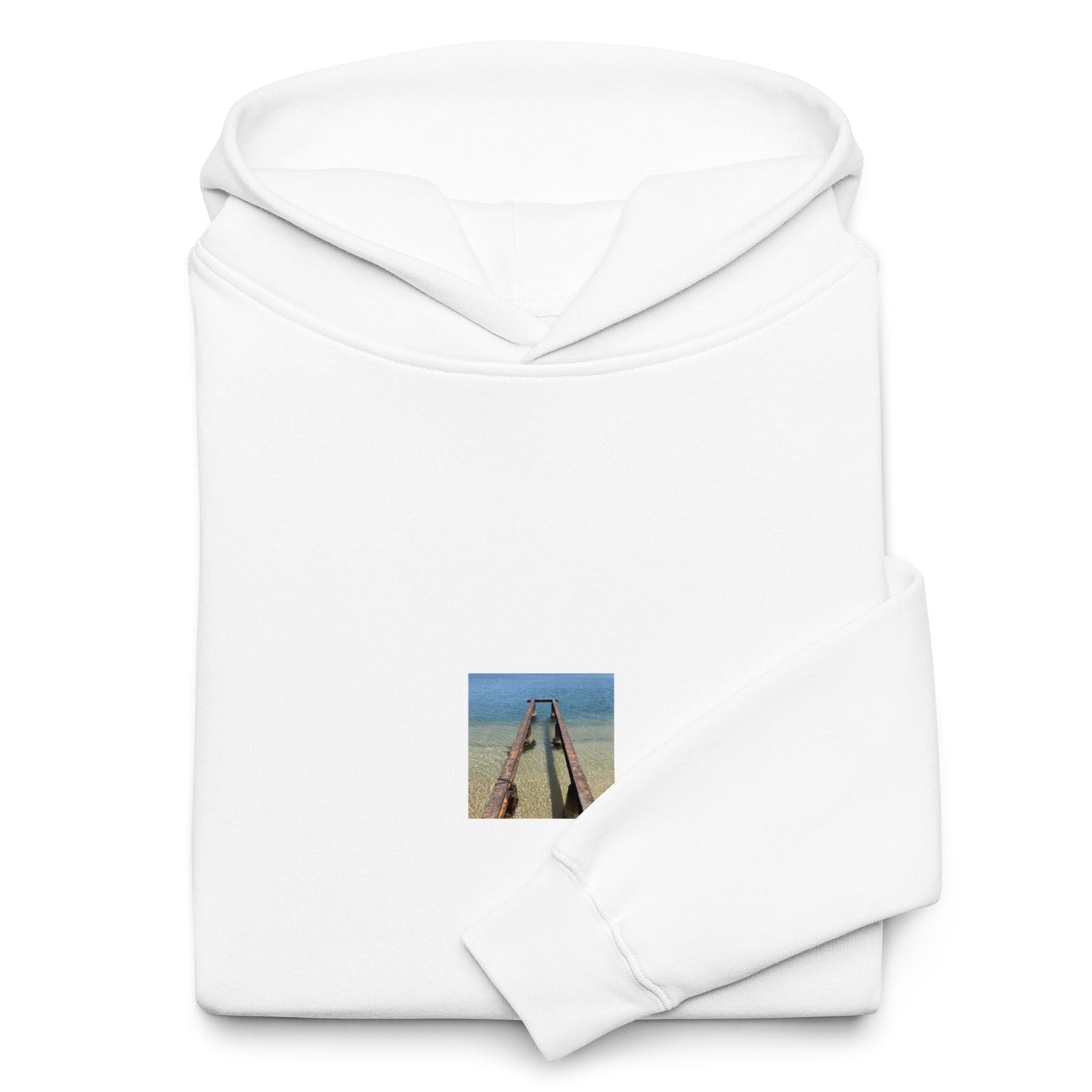 Minimalist streetwear style oversized hoodie in white featuring the 'Sea and Pier' photo art on the front. / モードストリート系オーバーサイズフーディー（ホワイト）フロントに「海と桟橋」のフォトアートを配したデザイン。