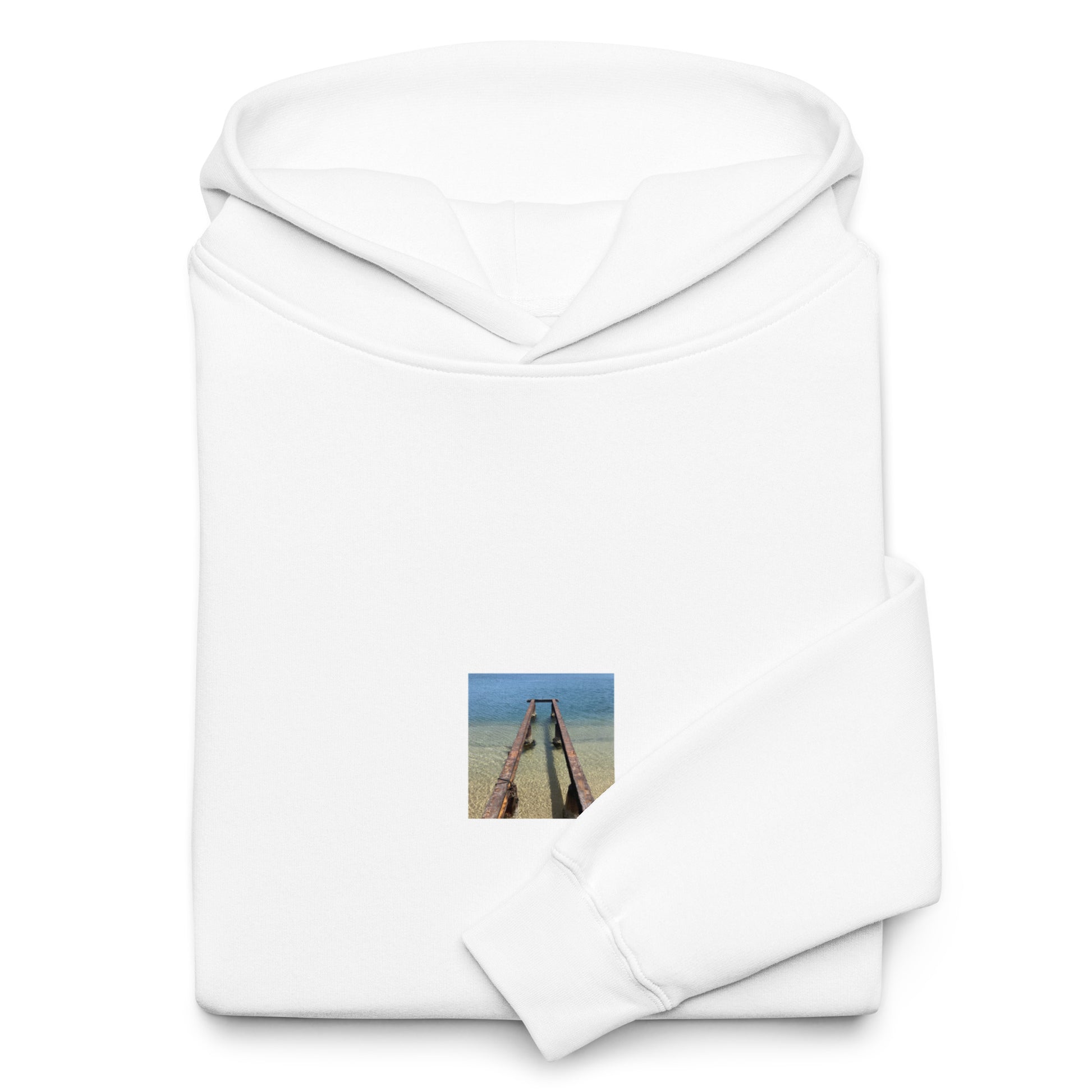 Minimalist streetwear style oversized hoodie in white featuring the 'Sea and Pier' photo art on the front. / モードストリート系オーバーサイズフーディー（ホワイト）フロントに「海と桟橋」のフォトアートを配したデザイン。