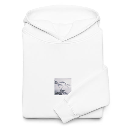 Minimalist streetwear style oversized hoodie in white featuring the 'Botanical (B&W)' photo art on the front. / モードストリート系オーバーサイズフーディー（ホワイト）フロントに「ボタニカル (モノクロ)」のフォトアートを配したデザイン。