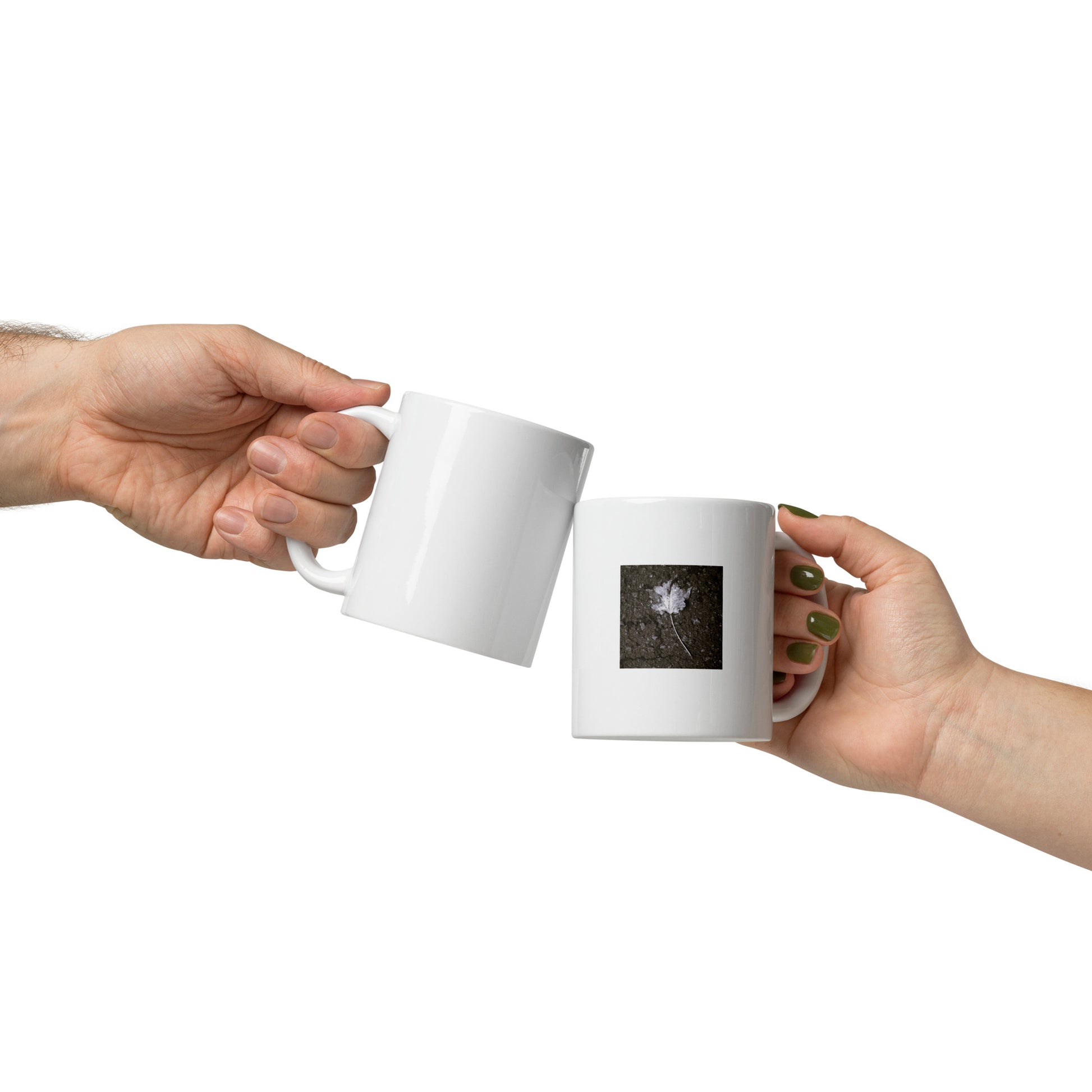Maple Leaf Botanical B&W Art – White Glossy Mug 11oz, Front View