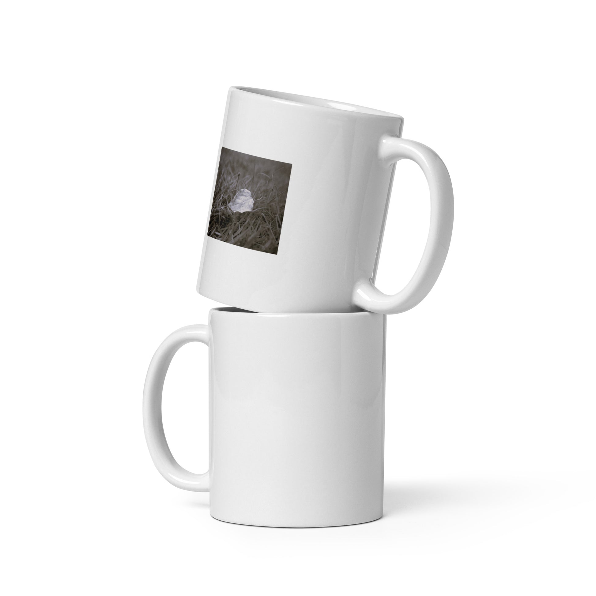 Yellow Fallen Leaf Botanical B&W Art – White Glossy Mug 11oz, Front View