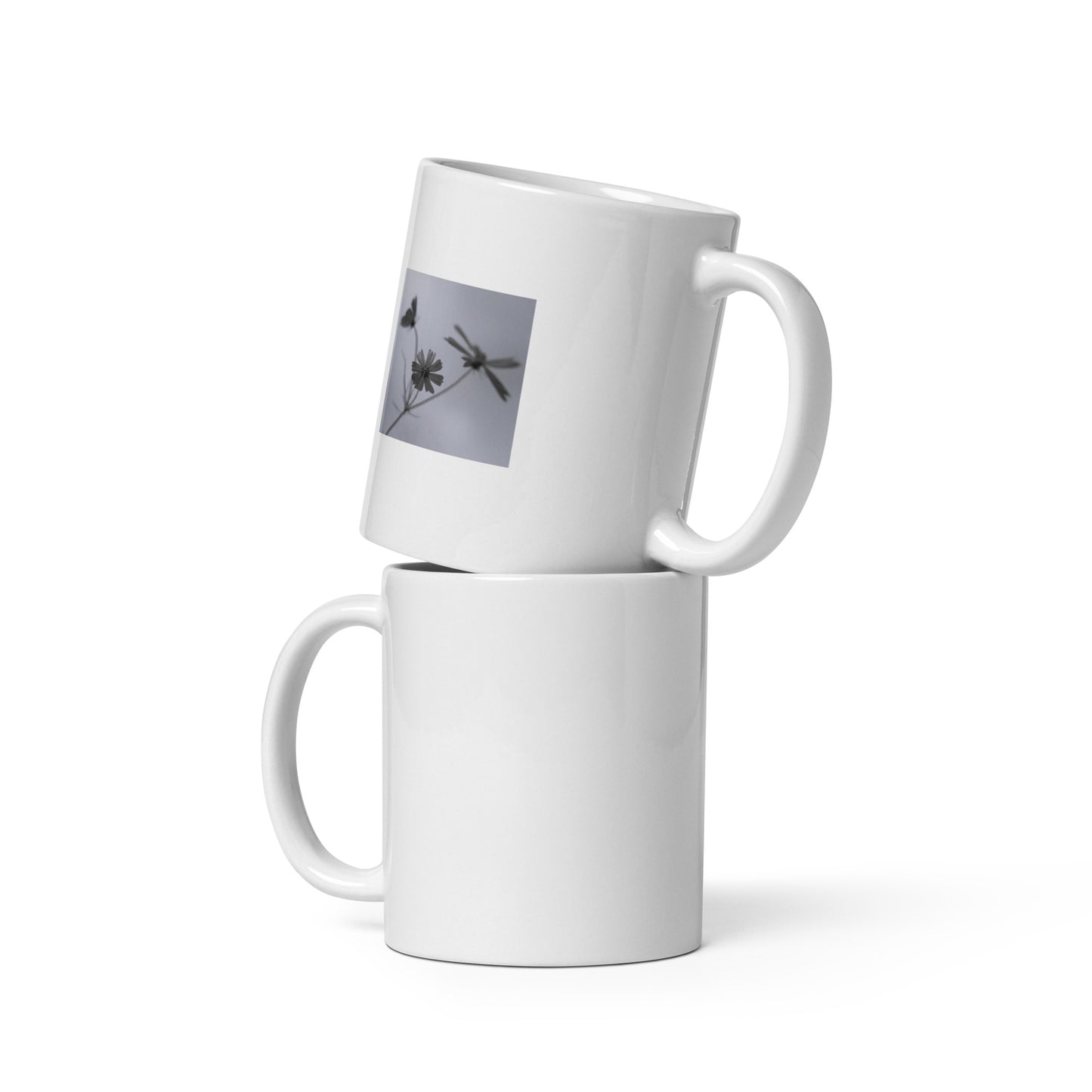 Three Cosmos Flowers Botanical B&W Art – White Glossy Mug 11oz, Front View