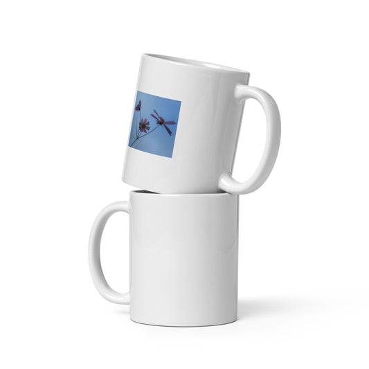 Three Cosmos Flowers Botanical Art – White Glossy Mug 11oz, Front View