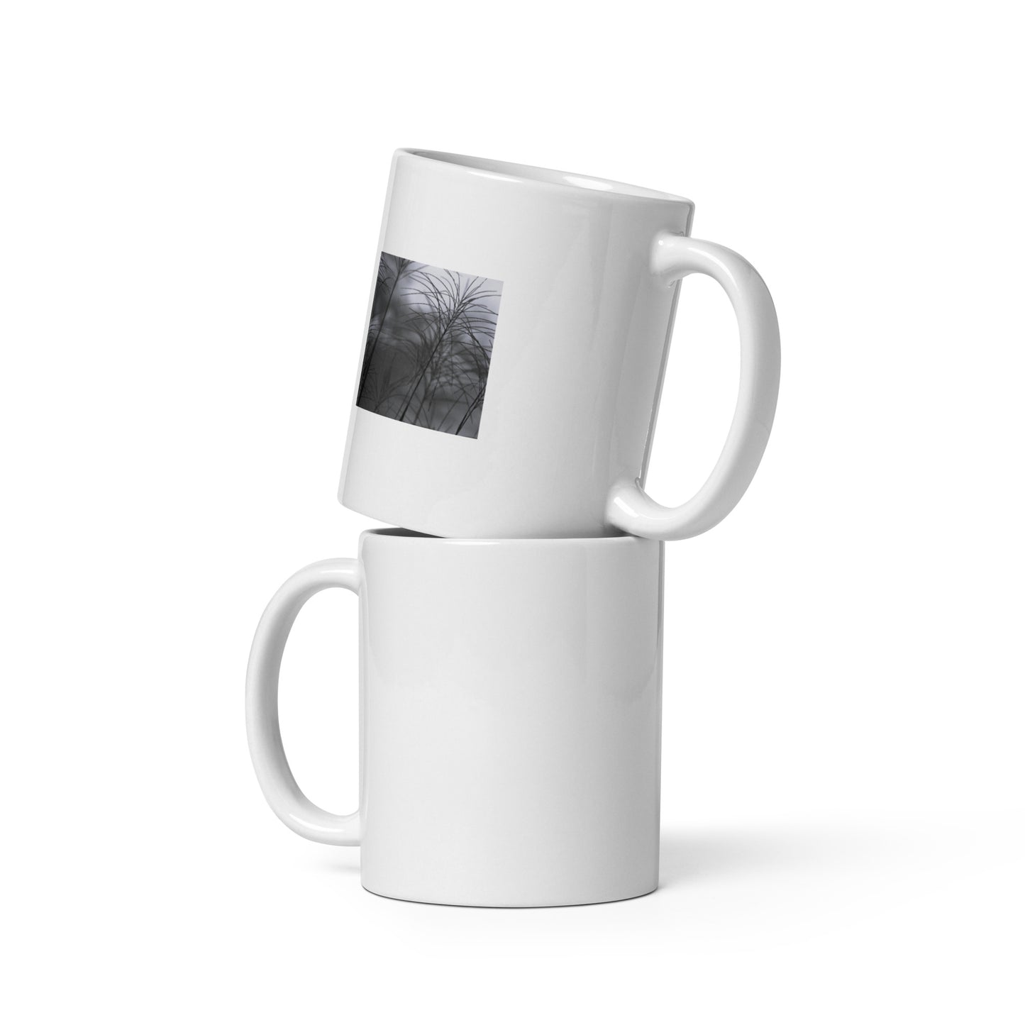 Silver Grass Cluster Botanical B&W Art – White Glossy Mug 11oz, Front View