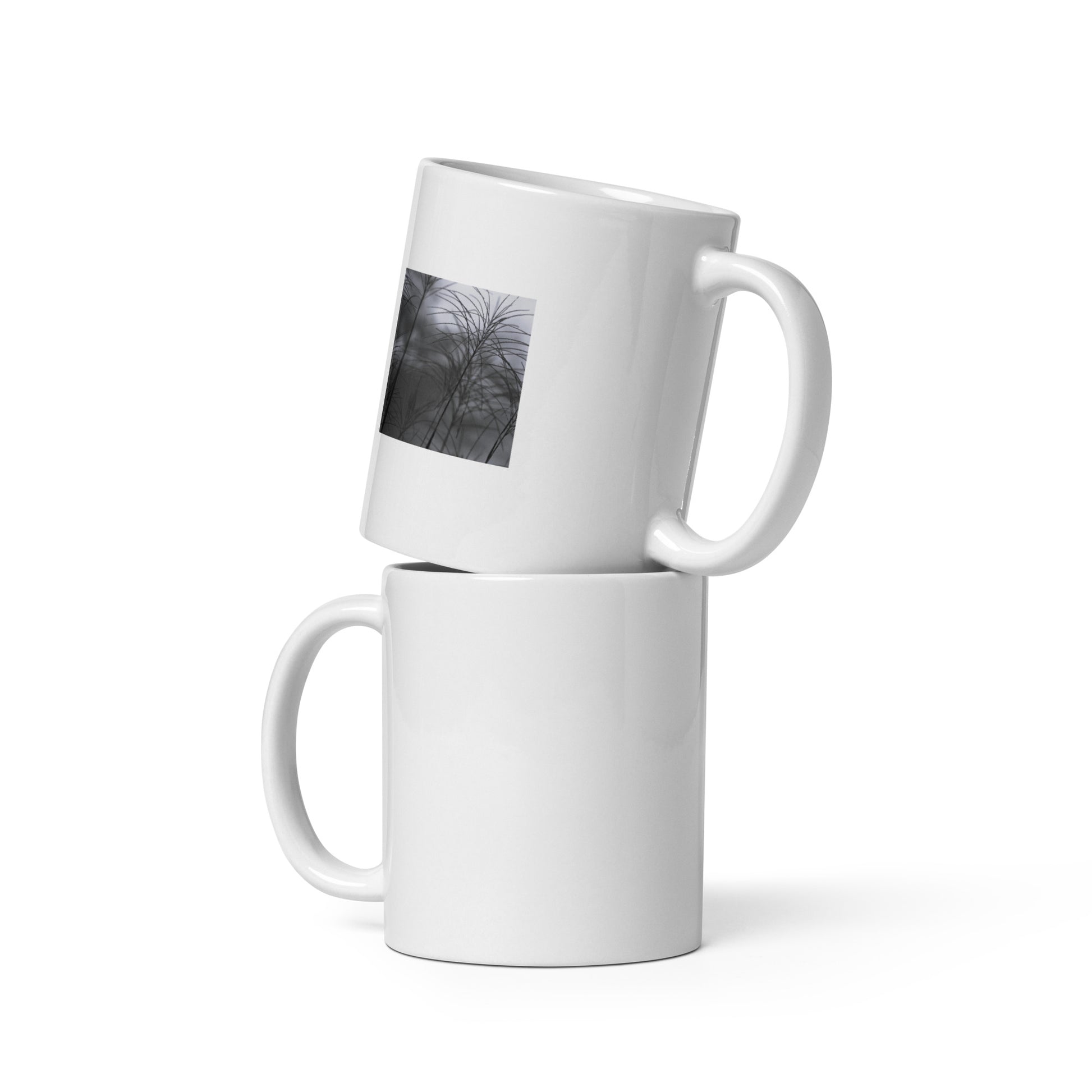 Silver Grass Cluster Botanical B&W Art – White Glossy Mug 11oz, Front View