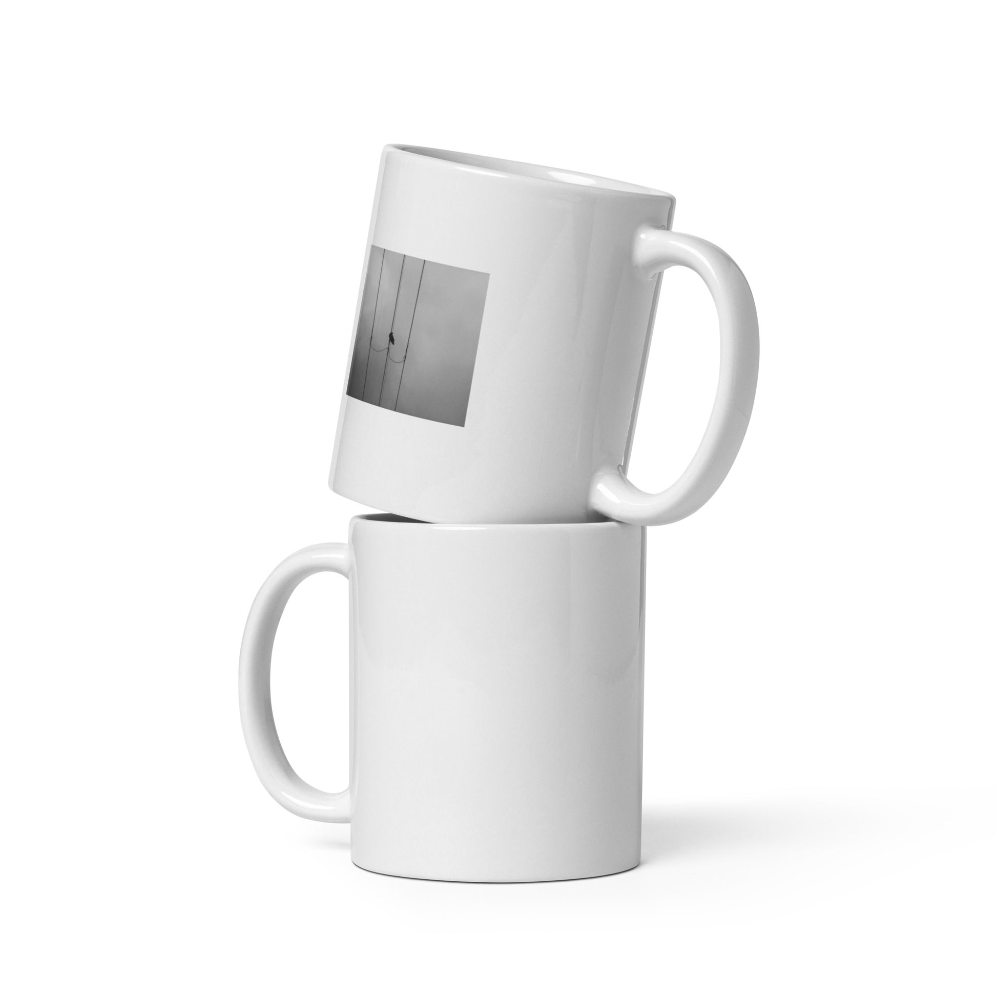 Crow and Power Lines B&W Art – White Glossy Mug 11oz, Front View