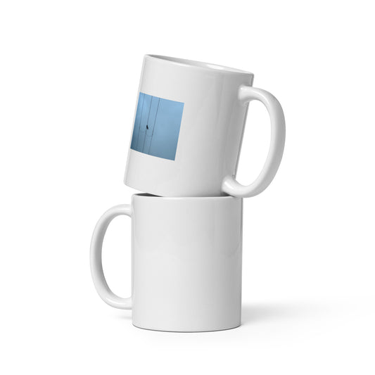 Crow and Power Lines Art – White Glossy Mug 11oz, Front View