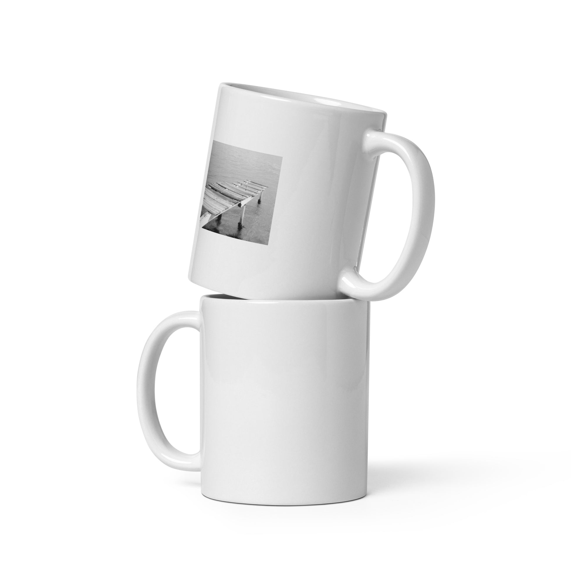 Minimalist mode style ceramic mug featuring a 'Sea and Pier' black and white photo print / モードストリート系デザインのセラミックマグカップ、「Sea and Pier」のモノクロ写真プリント