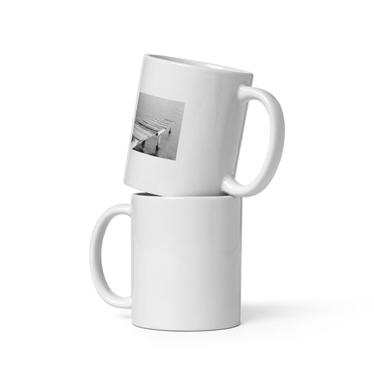 Minimalist mode style ceramic mug featuring a 'Sea and Pier' black and white photo print / モードストリート系デザインのセラミックマグカップ、「Sea and Pier」のモノクロ写真プリント