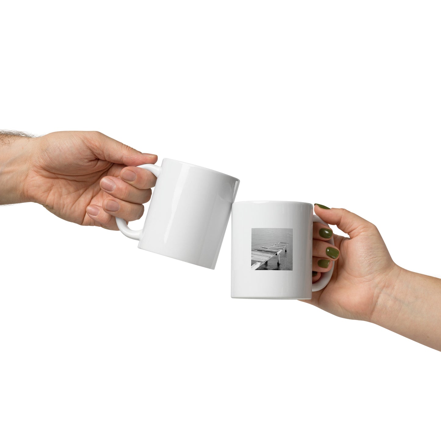 Minimalist mode style ceramic mug featuring a 'Sea and Pier' black and white photo print / モードストリート系デザインのセラミックマグカップ、「Sea and Pier」のモノクロ写真プリント