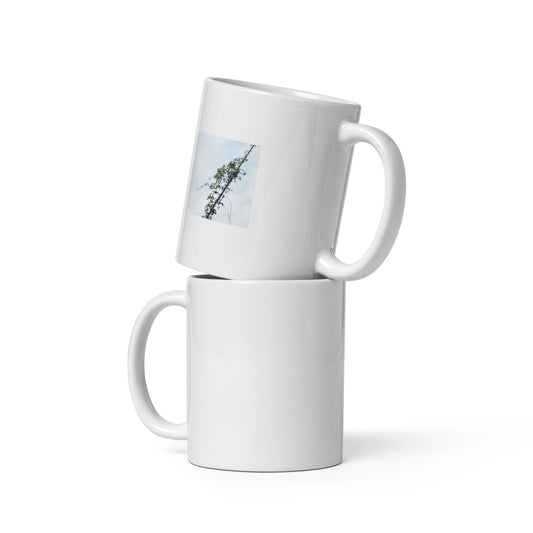 Minimalist mode style ceramic mug with a 'Vines Entangled on a Utility Pole' photo print / モードストリート系セラミックマグカップ、「Vines Entangled on a Utility Pole（電柱に絡まるツル）」の写真プリント（コーヒーマグ）