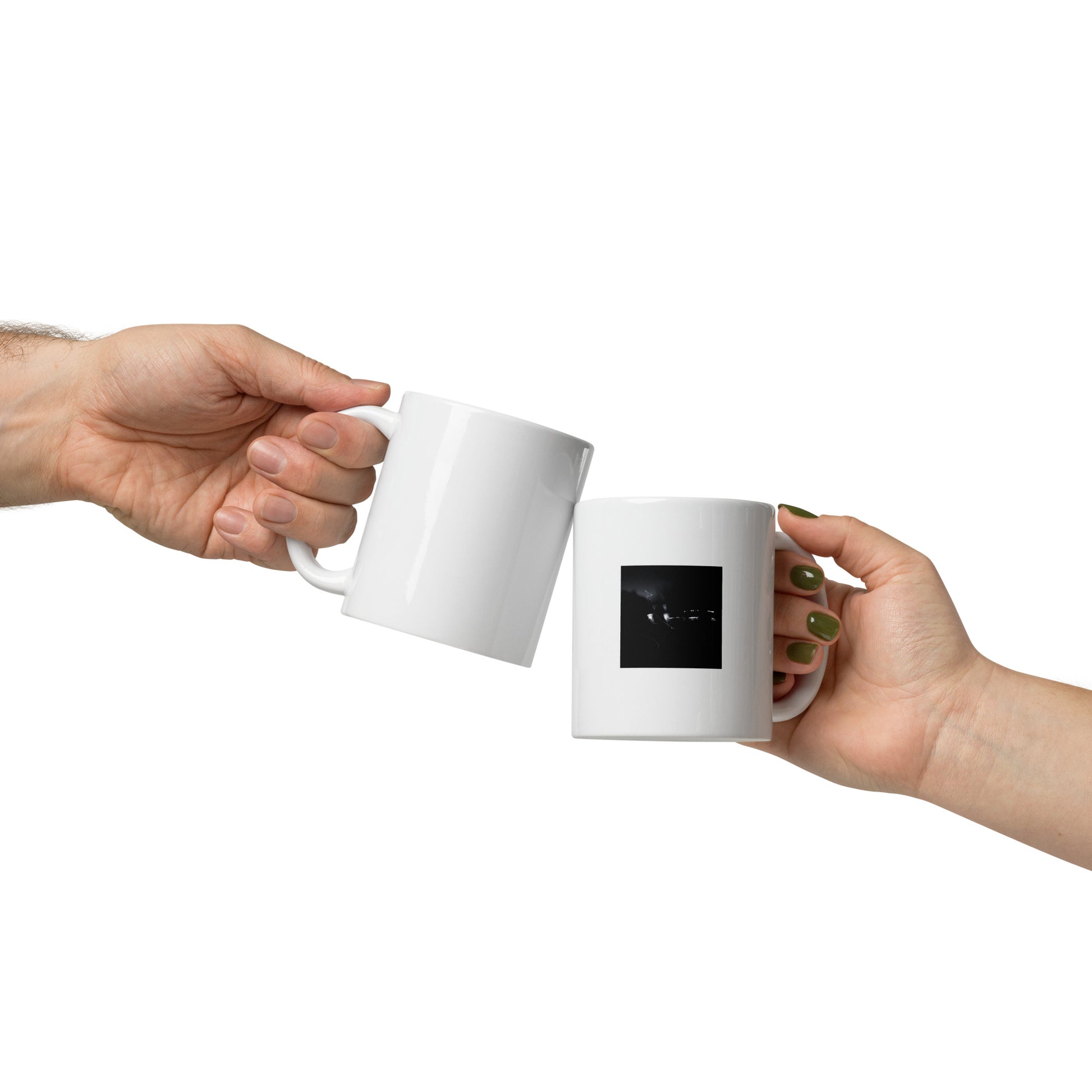 Minimalist streetwear style ceramic mug featuring an artistic 'Night Light (B&W)' photograph print. Glossy finish, 11 oz capacity. / Night Light (B&W) マグカップ：夜の光の幻想的な風景をモノクロで捉えたアート写真がプリントされた、モダンでミニマルなモードストリート系マグカップ。
