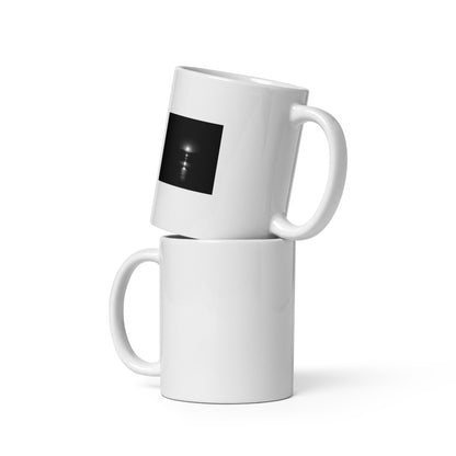 Minimalist white glossy ceramic mug featuring the 'Ocean Sunbeams (B&W)' photograph. / 「Ocean Sunbeams (B&W)」マグカップ：輝く海と光の反射をモノクロで表現した、モダンでミニマルなデザインのセラミックマグ。