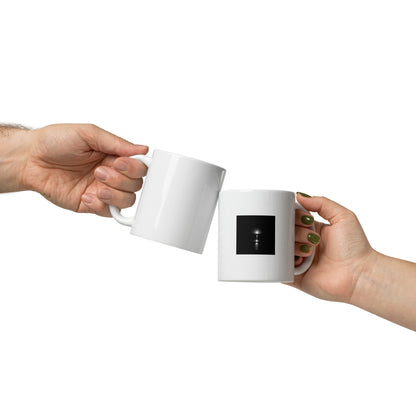 Minimalist white glossy ceramic mug featuring the 'Ocean Sunbeams (B&W)' photograph. / 「Ocean Sunbeams (B&W)」マグカップ：輝く海と光の反射をモノクロで表現した、モダンでミニマルなデザインのセラミックマグ。