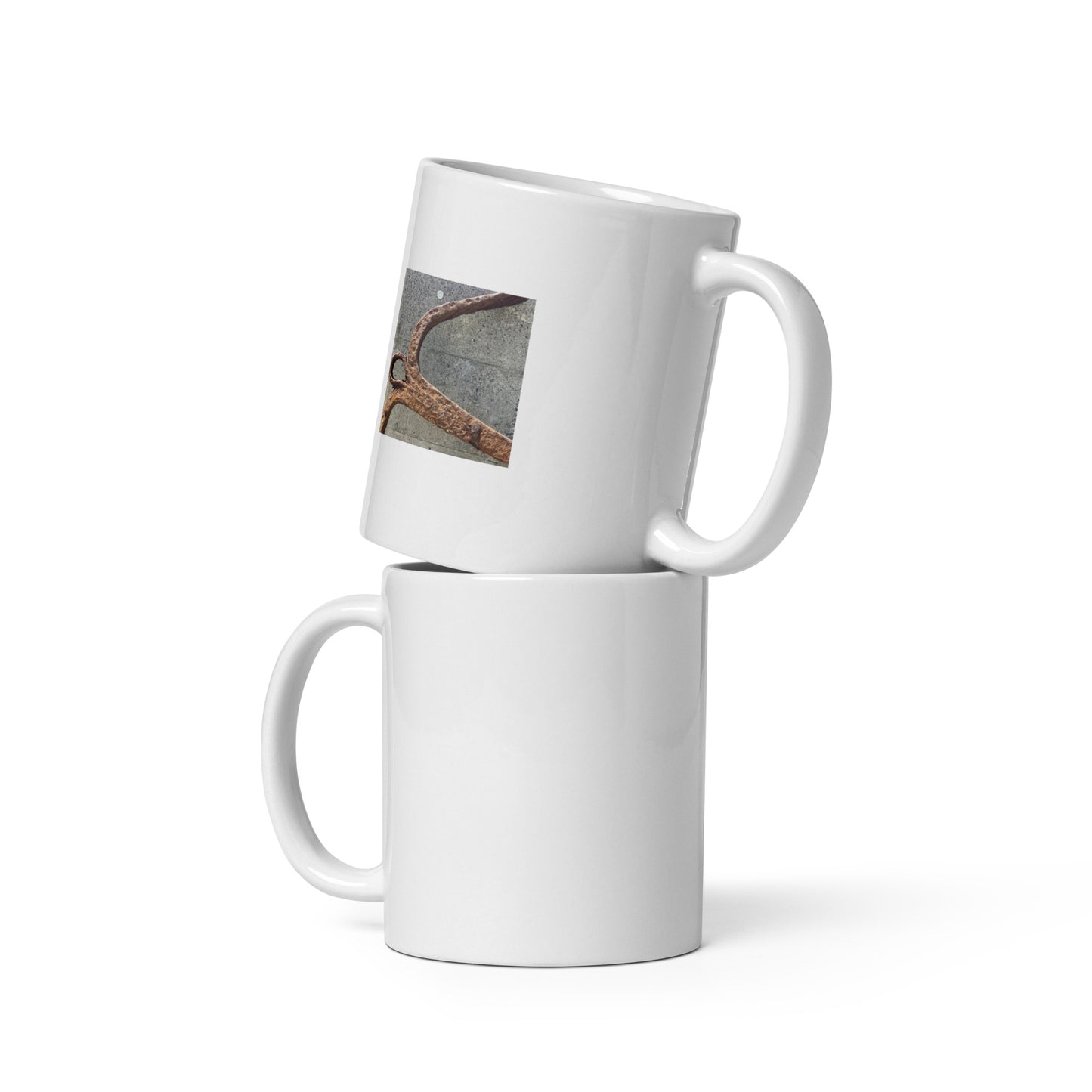 Minimalist streetwear style white glossy mug featuring the 'Anchor' photo art. / モードストリート系ホワイト光沢マグカップ：「アンカー（錨）」のフォトアートを配したデザイン。